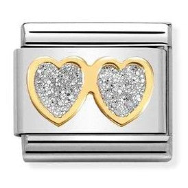 030220/01 Classic GLITTER , steel, enamel, bonded yellow gold, Double SILVER hearts