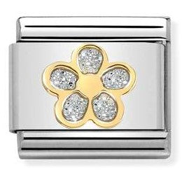 030220/06 Classic GLITTER ,steel, enamel, bonded yellow gold SILVER flower
