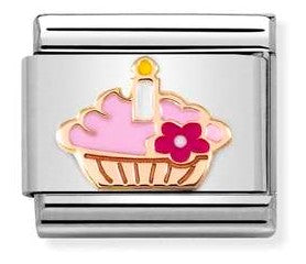 430202/08 Classic ,S/steel, enamel,Bonded Rose Gold Cupcake with candle