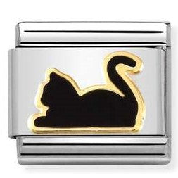 030272/80 Classic S/steel, enamel  18k gold Black cat lying down