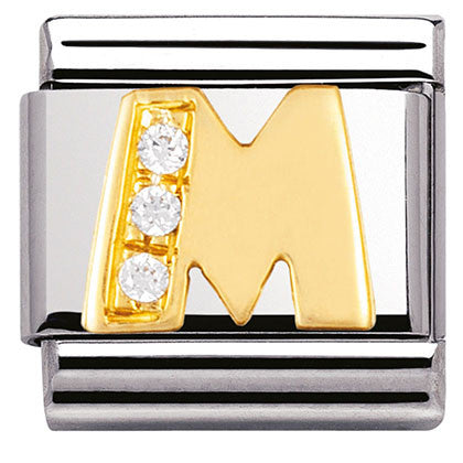 030301/13 Classic LETTER M ,S/Steel,Bonded Yellow Gold CZ