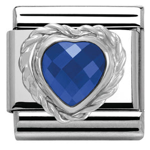 330603/007 Classic HEART FACETED CZ,S/Steel,925 silver twisted setting BLUE