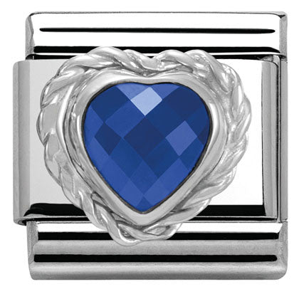 330603/007 Classic HEART FACETED CZ,S/Steel,925 silver twisted setting BLUE