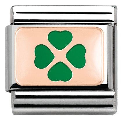 430201/08  Classic PLATES S/Steel, Bonded Rose Gold,enamel Green Four-Leaf Clover