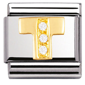 030301/20 Classic LETTER T ,S/steel,Bonded Yellow Gold CZ