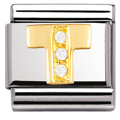 030301/20 Classic LETTER T ,S/steel,Bonded Yellow Gold CZ
