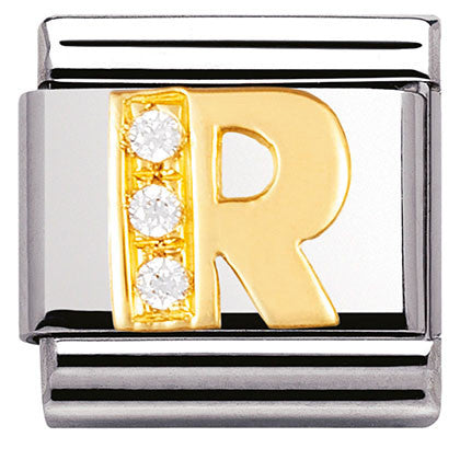 030301/18 Classic LETTER R ,S/Steel,Bonded Yellow Gold CZ
