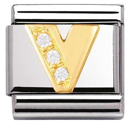 030301/22 Classic LETTER V ,S/Steel,Bonded Yellow Gold,CZ