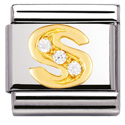 030301/19 Classic LETTER S ,S/Steel, Bonded Yellow Gold CZ