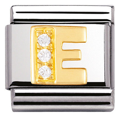 030301/05 Classic LETTER E ,S/steel,Bonded Yellow Gold,CZ