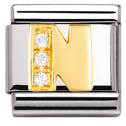 030301/14 Classic LETTER N ,S/Steel,Bonded Yellow Gold, CZ