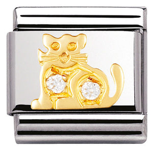 COMPOSABLE Classic EARTH ANIMALS in stainless steel with 18k gold and Cubic Zirconia (41_WHITE cat)