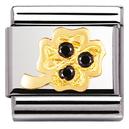 030310/21 Classic ,S/steel,Bonded Yellow Gold,CZ, BLACK four-leaf clover