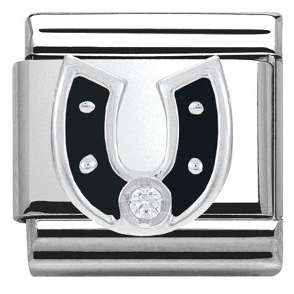 330305/11 CLASSIC Silver & enamel,1 CZ,925 silver Black horseshoe