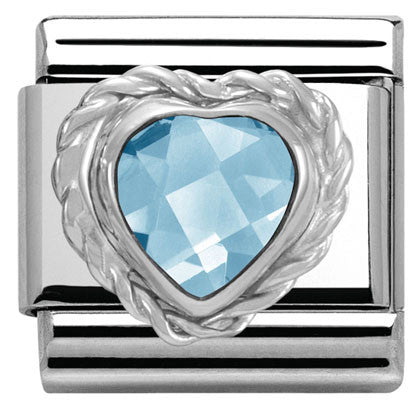 330603/006 Classic HEART FACETED CZ,S/Steel,925 silver twisted setting LIGHT BLUE