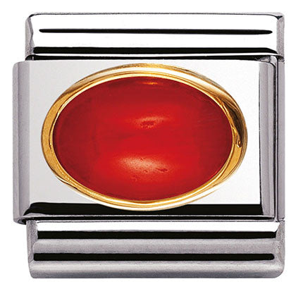 030502/11 Classic oval hard stones,S/Steel,Bonded Yellow Gold RED CORAL